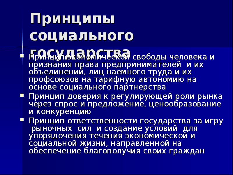 Принципы государства. Принципы экономической свободы. Социальные принципы наемного труда. Тарифная автономия. Социальные принципы города.