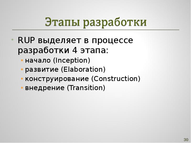 Начало этапа. В Rup фаза начало.