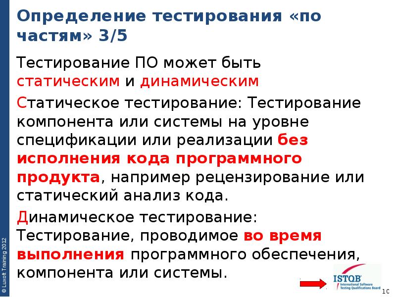 Определение тестирования «по частям» 3/5 Тестирование ПО может быть статическим и