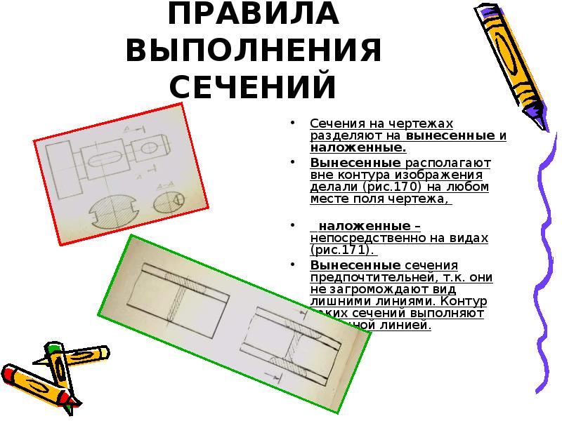 Правила выполнения наложенных и вынесенных сечений обозначение на чертеже