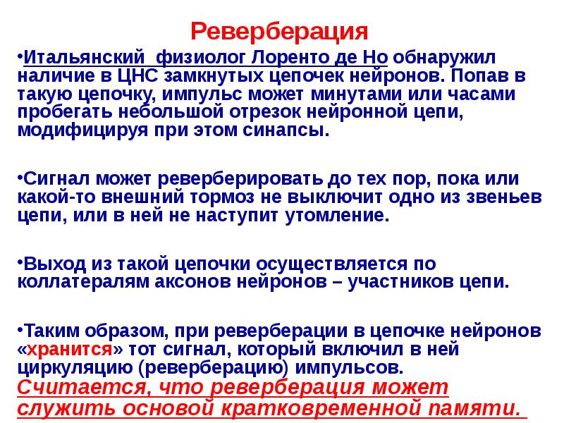 Реверберация Реверберация Итальянский физиолог Лоренто де Но обнаружил наличие в ЦНС