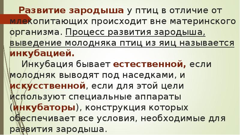Развитие зародыша у птиц в отличие от млекопитающих происходит вне материнского Развитие зародыша у птиц в отличие от млекопитающих происходит вне материнского