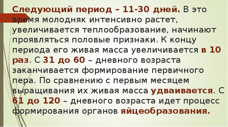 Следующий период – 11-30 дней. В это время молодняк интенсивно растет, Следующий период – 11-30 дней. В это время молодняк интенсивно растет,