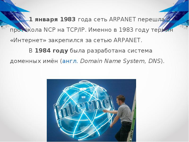 Сети лет. ARPANET 1984. 1 Января 1983 ARPANET. В 1983 Г сеть ARPANET была разделена на. Термин «интернет» закрепился за сетью ARPANET.