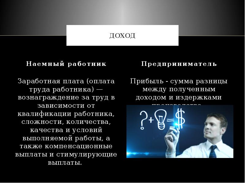 Доход предпринимателя. Разница между наемным работником и предпринимателем. Особенности труда наемного работника. Отличия дохода предпринимателя и наемного работника. Предпринимательская деятельность и наемный труд.