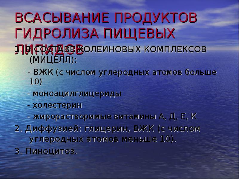 Нарушение всасывания пищи. Всасывание продуктов гидролиза. Всасывание холеинового комплекса. Нарушение всасывания липидов. Всасывание жирорастворимых витаминов.