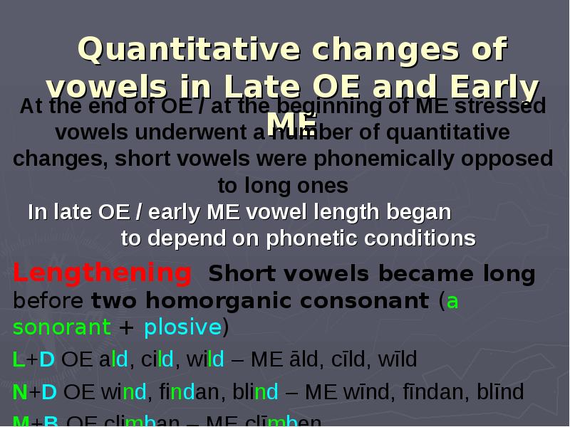 Quantitative changes of vowels in Late OE and Early ME At