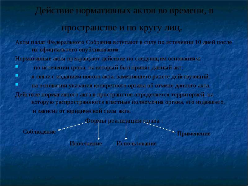 Презентация действие нормативно правовых актов во времени в пространстве и по кругу лиц