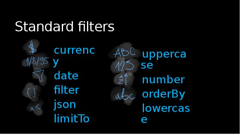 Standard filters
currency
date
filter
json
limitTo Standard filters
currency
date
filter
json
limitTo