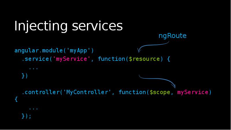 Injecting services
angular.module('myApp')
.service('myService', function($resource) {
...
Injecting services
angular.module('myApp')
.service('myService', function($resource) {
...