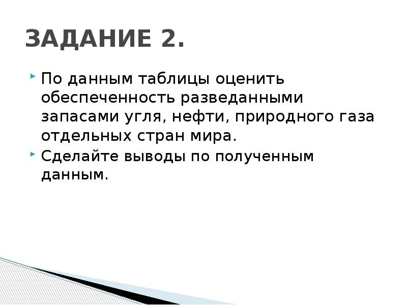 Задача нефть. Вывод по обеспеченности стран мира углём. Вывод по запасу газа нефти и угля.