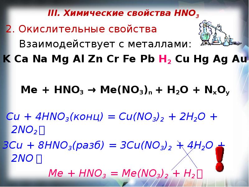 Feco3 hno3. Химические свойства hno3 разбавленная. Химические свойства hno3 концентрированная. Хим св hno3 конц. Химические свойства кислоты hno3.