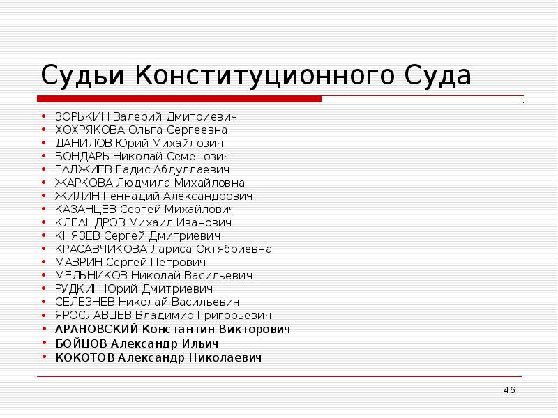 Судьи Конституционного Суда  ЗОРЬКИН Валерий Дмитриевич  ХОХРЯКОВА Ольга Сергеевна