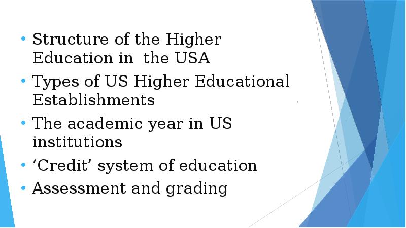 Education System in USA. The System of higher Education in the USA. The structure of Education in the USA. Higher Education in USA structure.