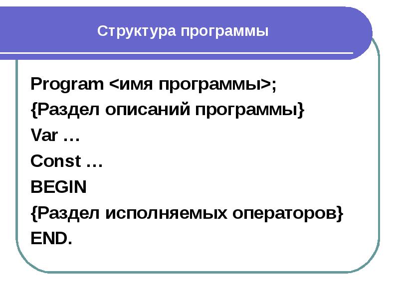 Структура программы Program <имя программы>; Var … Const
