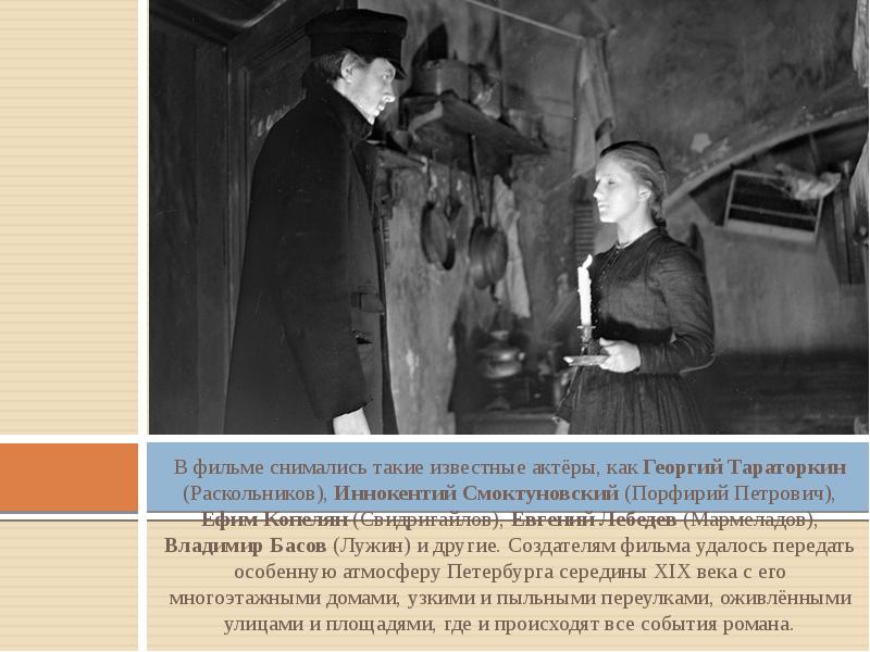 Иннокентий Смоктуновский Порфирий Петрович. Раскольников Смоктуновский. Евгений Лебедев (Мармеладов). Георгий Тараторкин в роли Раскольникова.