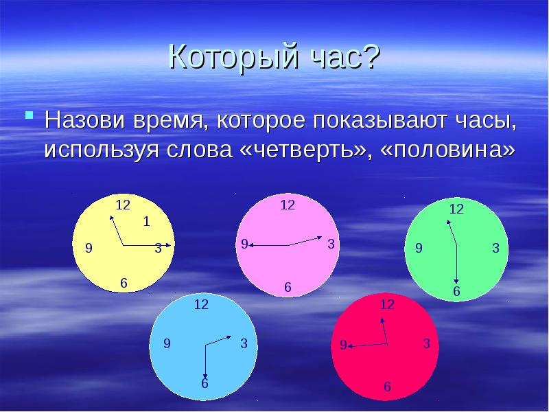 Который час? Назови время, которое показывают часы, используя слова «четверть», «половина»
