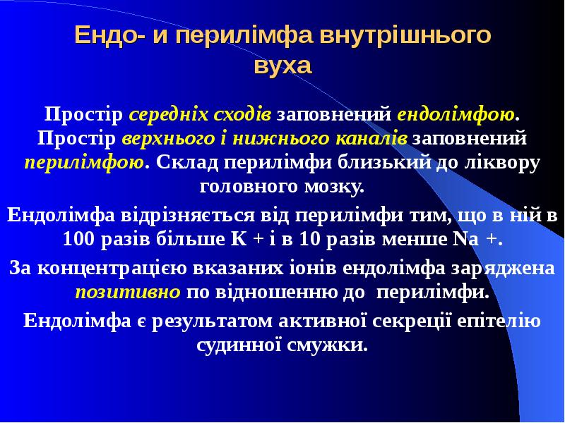 Ендо- и перилімфа внутрішнього вуха Простір середніх сходів заповнений ендолімфою. Простір