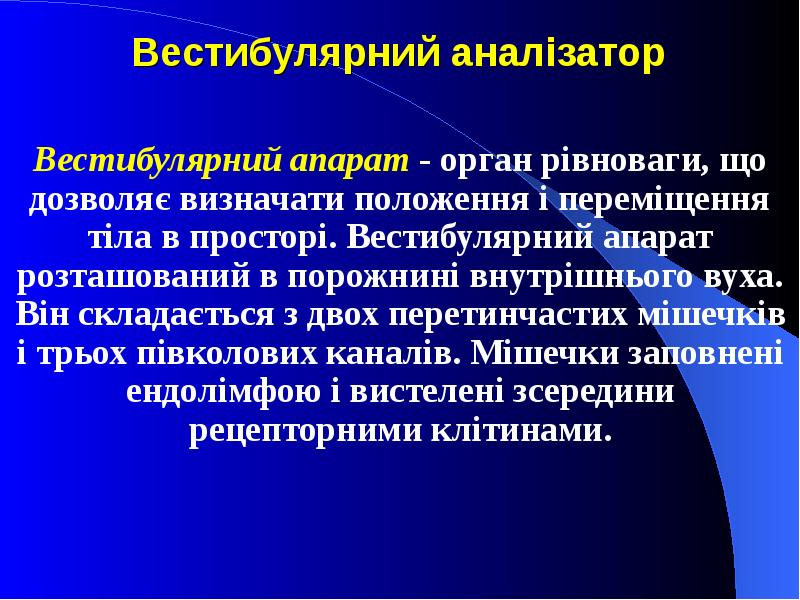 Вестибулярний аналізатор Вестибулярний апарат - орган рівноваги, що дозволяє визначати положення