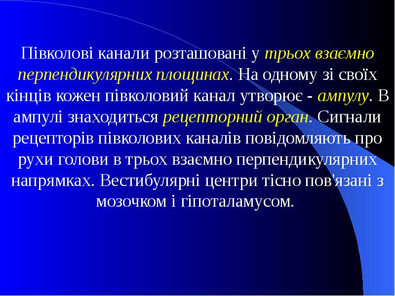 Півколові канали розташовані у трьох взаємно перпендикулярних площинах. На одному зі