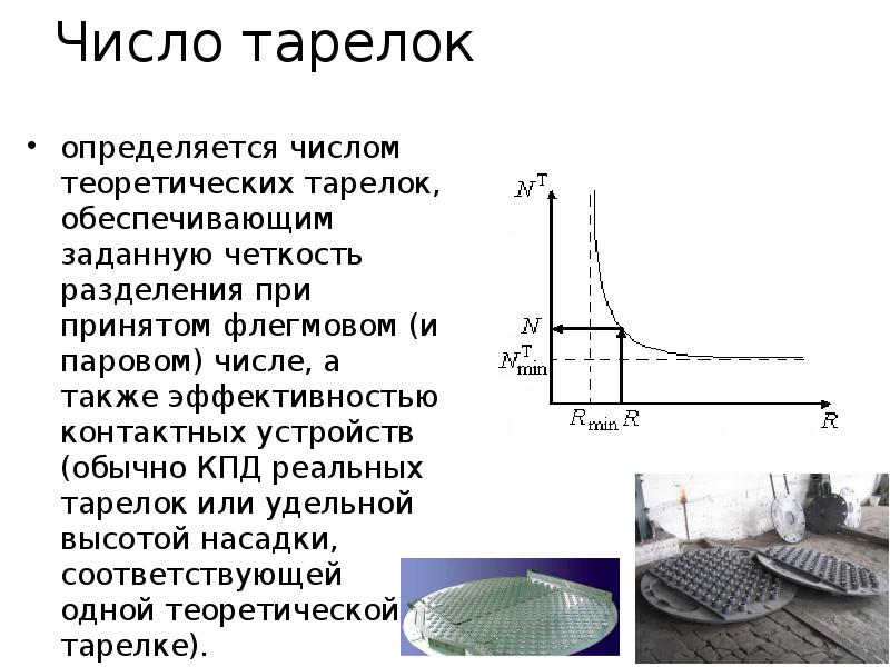 Число тарелок
определяется числом теоретических тарелок, обеспечивающим заданную четкость разделения при Число тарелок
определяется числом теоретических тарелок, обеспечивающим заданную четкость разделения при