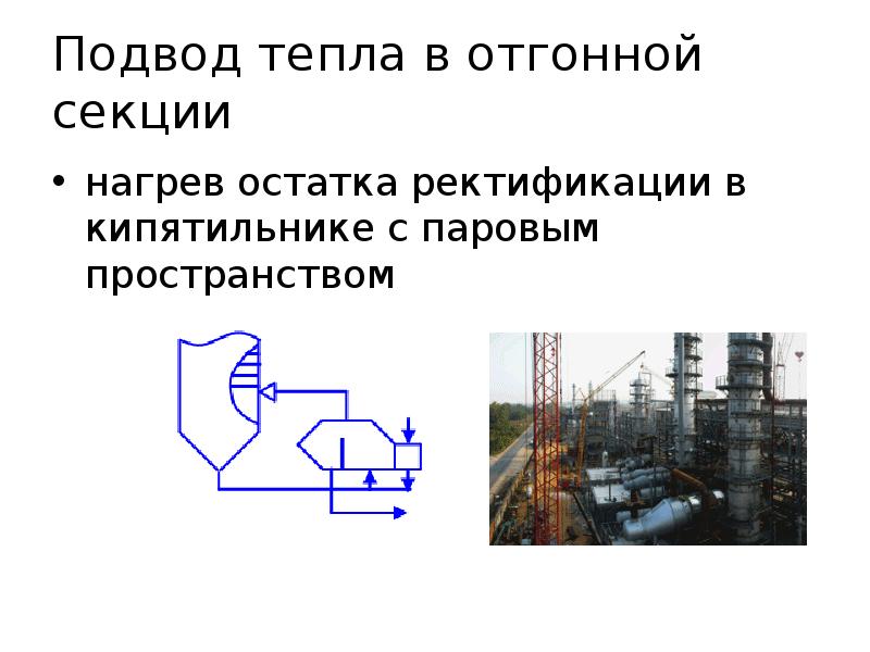 Подвод тепла в отгонной секции
нагрев остатка ректификации в кипятильнике Подвод тепла в отгонной секции
нагрев остатка ректификации в кипятильнике