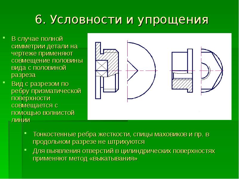 Соединение части вида с частью разреза условности и упрощения на изображениях