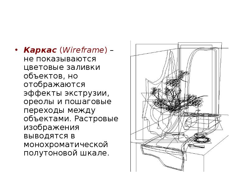 Каркас (Wireframe) – не показываются цветовые заливки объектов, но отображаются эффекты