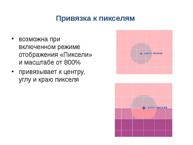 Привязка к пикселям возможна при включенном режиме отображения «Пиксели» и