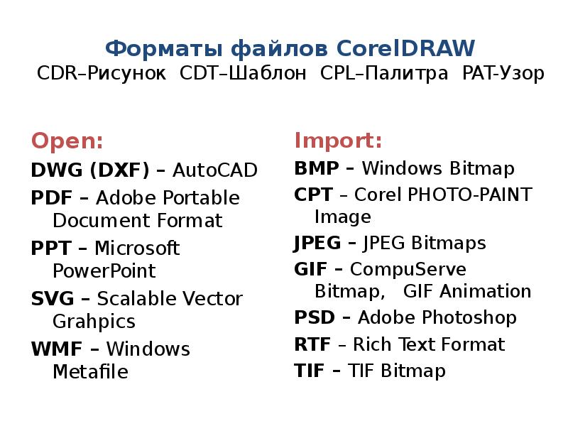 Форматы файлов CorelDRAW CDR–Рисунок CDT–Шаблон CPL–Палитра PAT-Узор Open: DWG (DXF) –