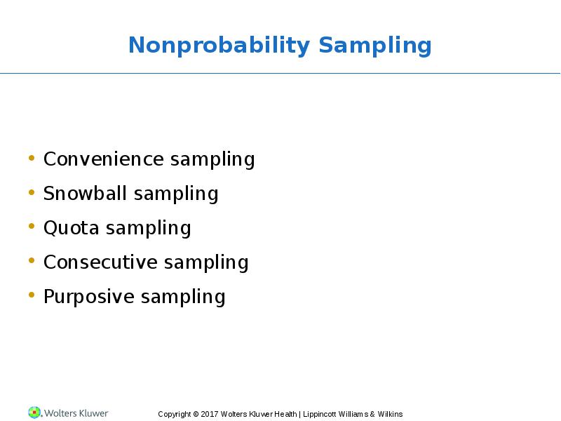 Nonprobability Sampling Convenience sampling  Snowball sampling  Quota sampling Consecutive