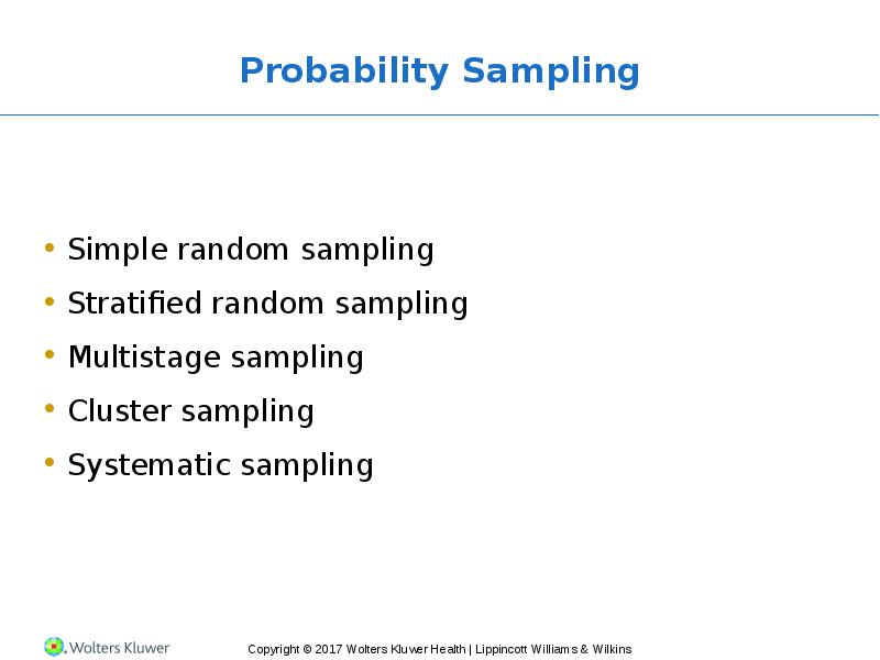 Probability Sampling Simple random sampling Stratified random sampling Multistage sampling Cluster