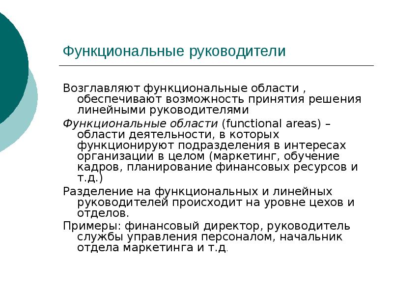 Возможность принятия. Функциональные области менеджмента. Задачи линейных руководителей. Пример целей по функциональным областям. Функциональное руководство группой.