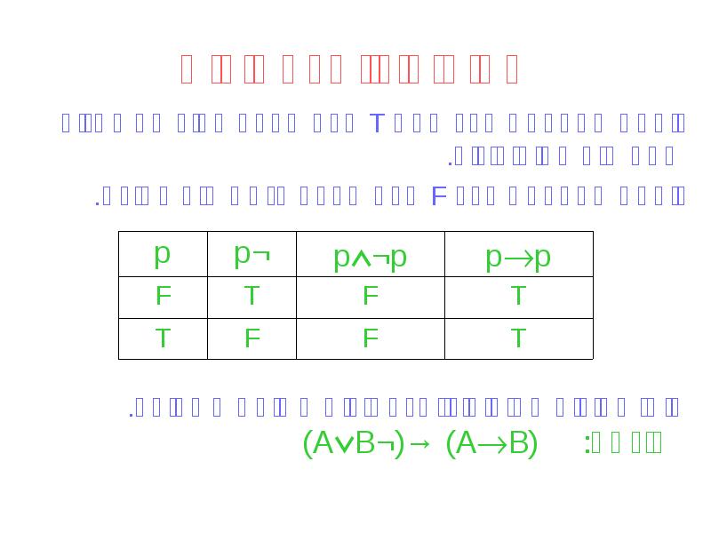 טאוטולוגיות וסתירות
נוסחה המקבלת ערך אמת T לכל הצבה עבור המשתנים טאוטולוגיות וסתירות
נוסחה המקבלת ערך אמת T לכל הצבה עבור המשתנים