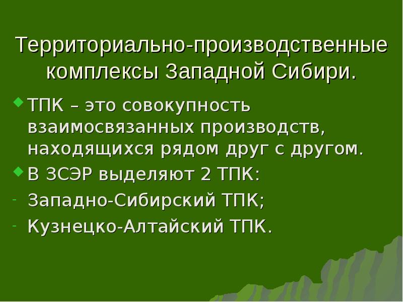 Природные ресурсы кузнецко алтайского тпк. Территориально-производственный комплекс. Западно Сибирский ТПК.