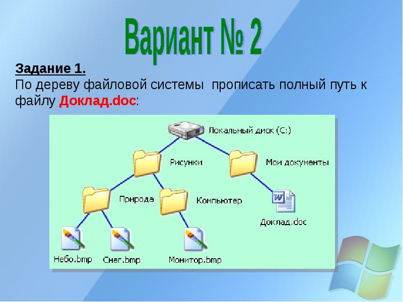 Постройте дерево каталогов с мои документы рисунки природа небо bmp