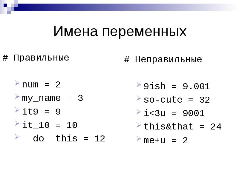 Какие есть переменные в python. Переменные имена переменных. Правильные имена переменных. Прееменные в пайттен имена. Имена переменных в питоне.