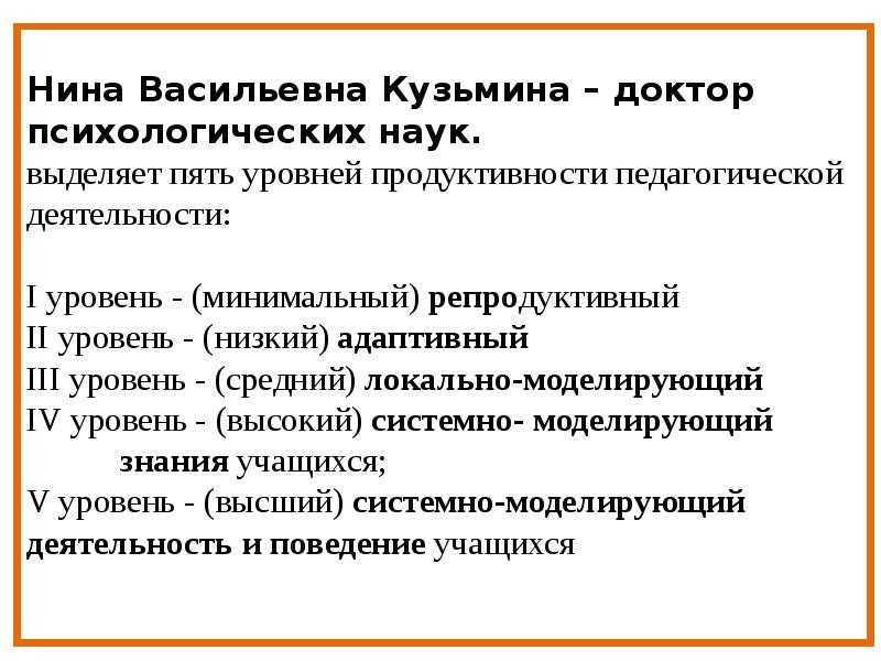 Уровни продуктивности педагогической деятельности