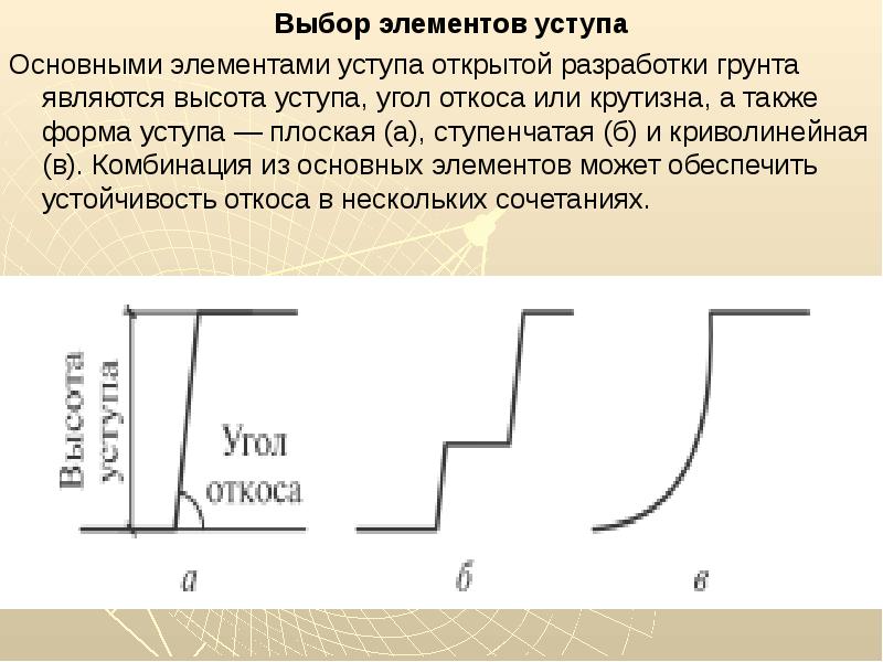 Элемент выбора. Основные элементы уступа. Основными элементами уступа открытой разработки грунта являются. Основные параметры уступа. Высота уступа.