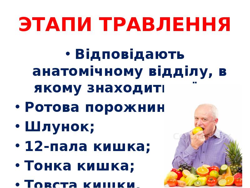ЭТАПИ ТРАВЛЕННЯ
Відповідають анатомічному відділу, в якому знаходиться їжа:
Ротова порожнина;
ЭТАПИ ТРАВЛЕННЯ
Відповідають анатомічному відділу, в якому знаходиться їжа:
Ротова порожнина;