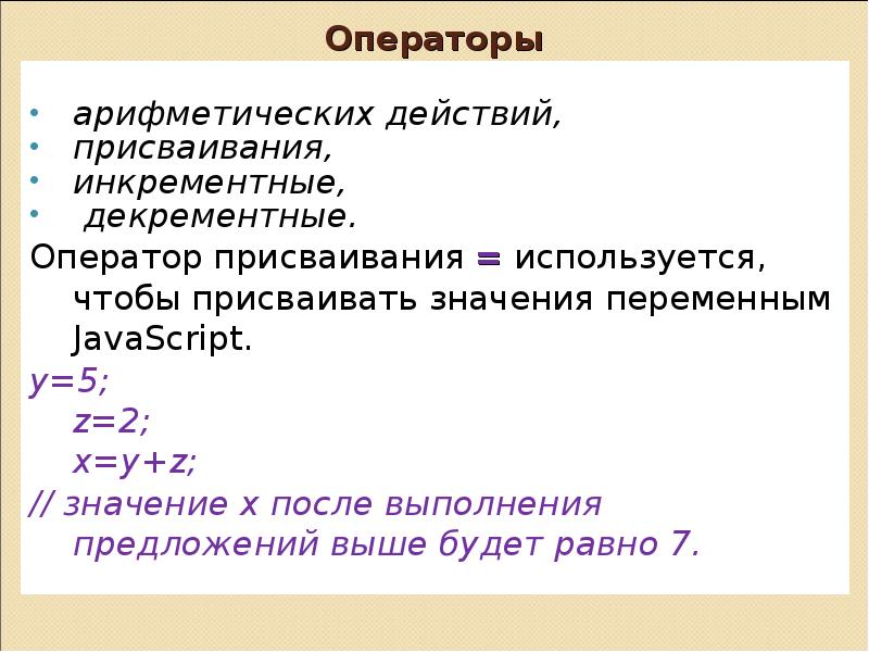 Приведи значение переменной. Операторы арифметических действий:. Объявить переменную в JAVASCRIPT. Арифметический оператор присваивания. Операторы присваивания JAVASCRIPT.