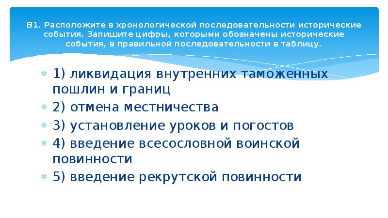 Установите хронологическую последовательность событий