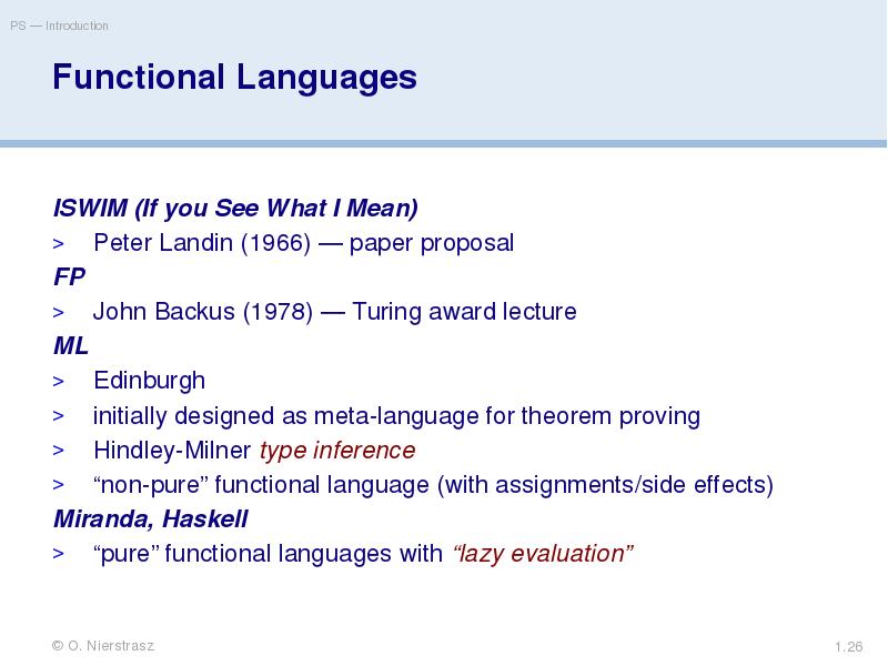 Functional Languages
ISWIM (If you See What I Mean)
Peter Landin Functional Languages
ISWIM (If you See What I Mean)
Peter Landin