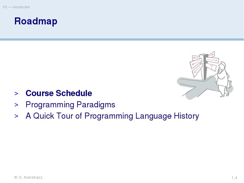 Roadmap
Course Schedule
Programming Paradigms
A Quick Tour of Programming Language Roadmap
Course Schedule
Programming Paradigms
A Quick Tour of Programming Language