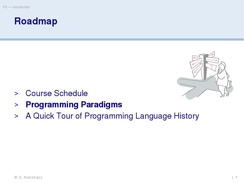 Roadmap
Course Schedule
Programming Paradigms
A Quick Tour of Programming Language Roadmap
Course Schedule
Programming Paradigms
A Quick Tour of Programming Language