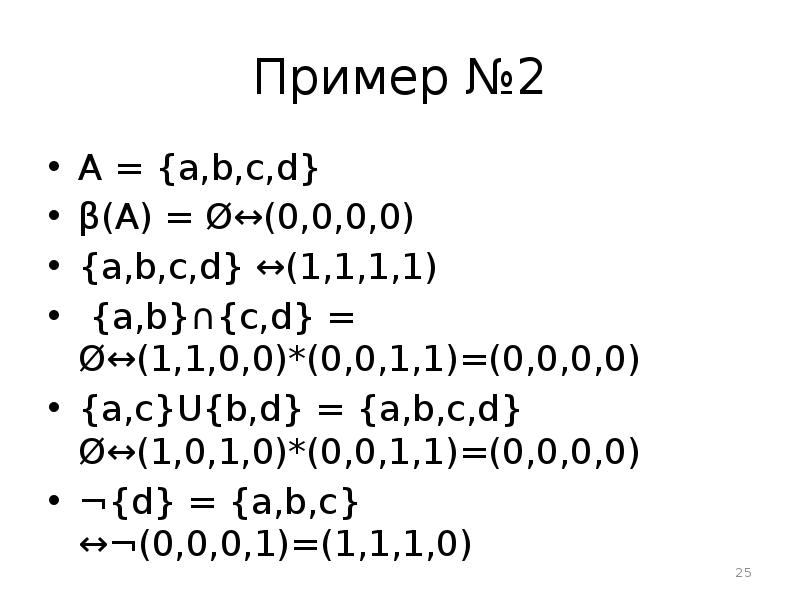 Пример №2 A = {a,b,c,d} β(A) = Ø↔(0,0,0,0) {a,b,c,d} ↔(1,1,1,1) 