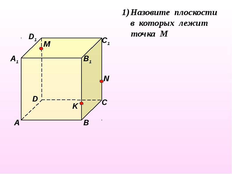 Пользуясь данным рисунком назовите. Дан куб назовите плоскости в которых лежат точки м и n. Точка р лежит на прямой МN. Назовите плоскость которой. Как определить плоскость в которой лежит точка.