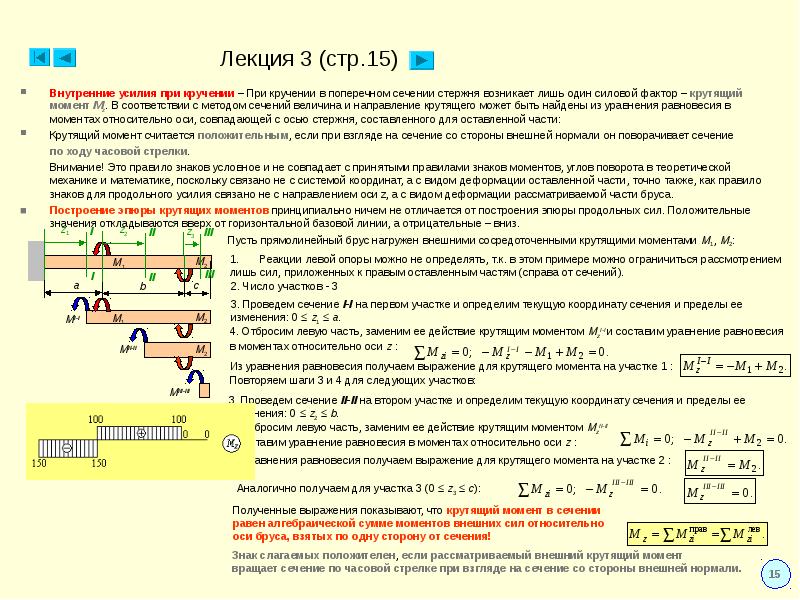 Внешний момент. Метод сечений крутящего момента. Правило знаков для крутящего момента. Правило моментов для стержня. Момент кручения правило знаков.