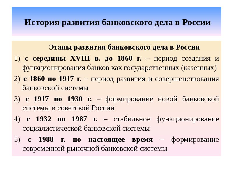 История развития банковского дела в России     Этапы