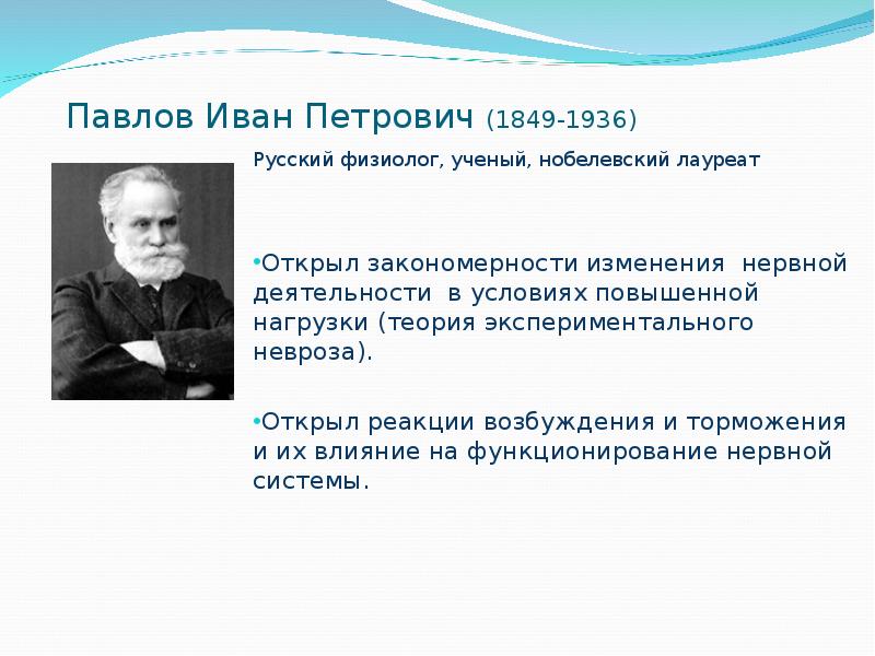 Известному русскому ученому физиологу и п павлову. Теория и. п. Павлова( 1849 – 1936 ).